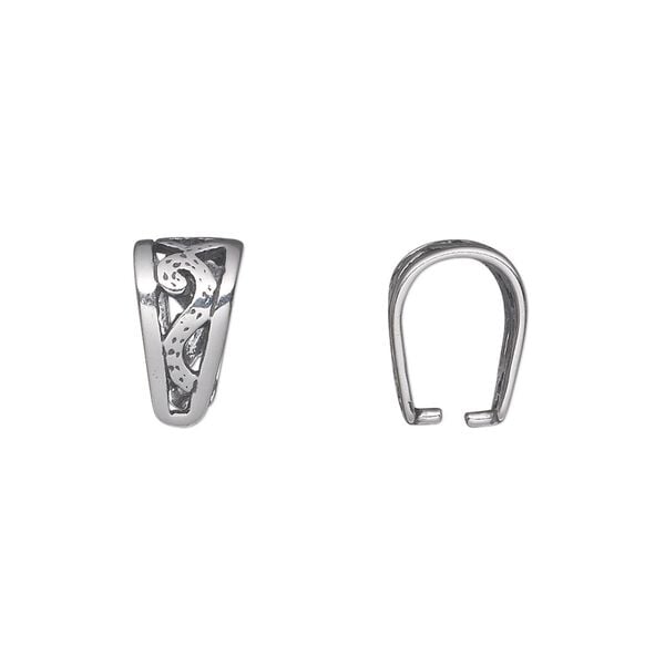 Bail, ice-pick, antiqued sterling silver, 12x8mm double-sided shield with open filigree, 10mm grip length. Sold individually. image number 0
