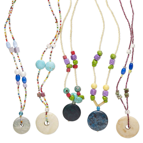 Multi-gemstone / glass / acrylic 1pkg5, mixed shape continuous necklace adjustable 16-24 inch mix 3x2mm-49x48mm image number 0