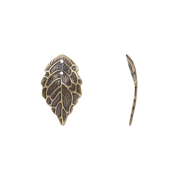 Charm, antique brass-plated brass, 17.5x10mm single-sided curved leaf with hole. Sold per pkg of 20. image number 0