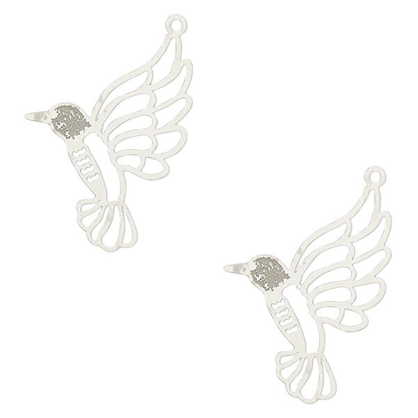 Charm, Lazer Lace™, stainless steel, 24x17mm single-sided hummingbird. Sold per pkg of 2. image number 0