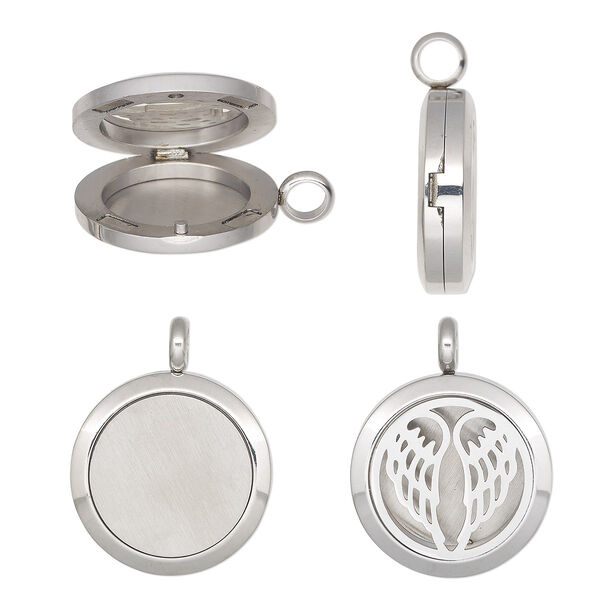 Pendant, stainless steel, pkg/1, 32x25mm single-sided hinged round locket, cutout angel wings design and magnetic closure image number 0