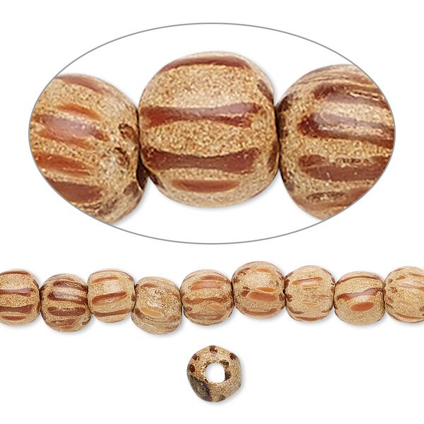 Bead, coconut palm wood (waxed), 5-6mm hand-cut round. Sold per pkg of (2) 15-1/2" to 16" strands. image number 0