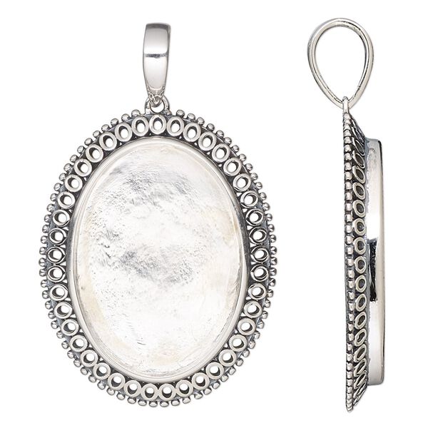 Pendant, antiqued sterling silver, 33x26mm oval with fancy rim and 25x18mm oval bezel setting. Sold individually. image number 0