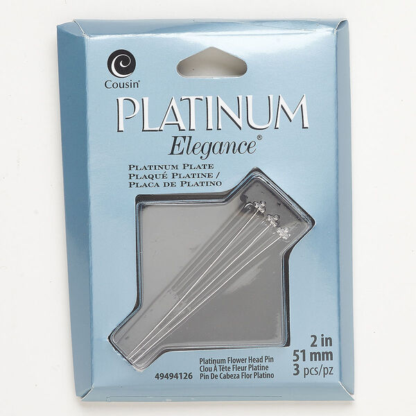 Head pin, copper, pkg/3, platinum plate, 2-inch, 22 gauge. image number 0