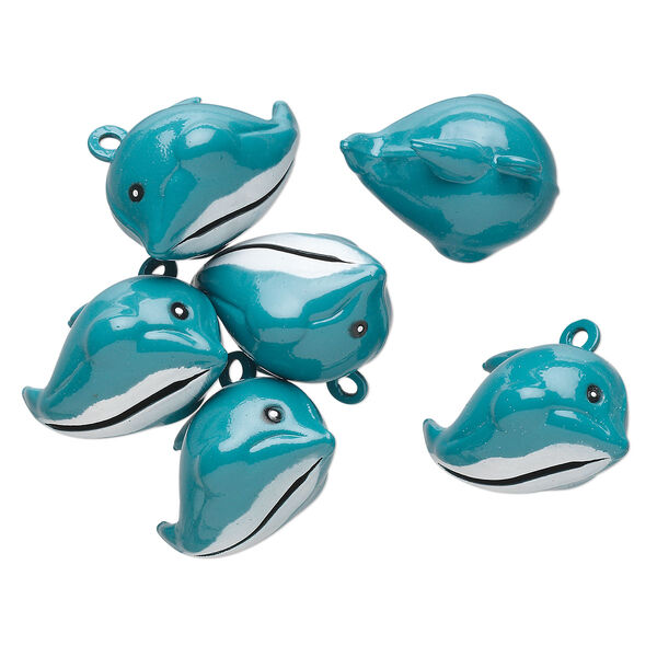 Bell, brass and enamel, blue / black / white, 24x15mm dolphin with clapper. Sold per pkg of 6. image number 0