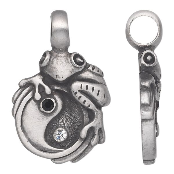 Pendant, Powerful Pewter Pendants, antiqued pewter (tin-based alloy) and glass rhinestone, clear and black, 39x26mm single-sided frog on yin-yang. Sold individually. image number 0