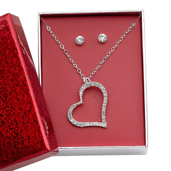 Necklace and earring set, Everyday Jewelry, glass rhinestone / silver-finished brass / steel / "pewter" (zinc-based alloy), clear, 30x27mm open heart, 16 inches with 3-inch extender chain and lobster claw clasp, 5mm round with post. Sold per set. image number 0