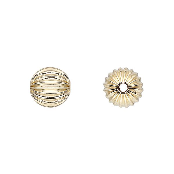 Bead, 14Kt gold-filled, 10mm corrugated round. Sold per pkg of 2. image number 0