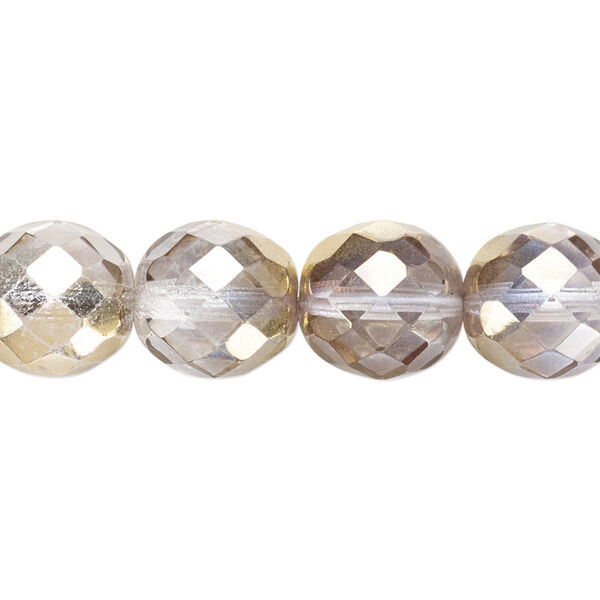 Bead, Czech fire-polished glass, pkg/15-1/2 to 16 inches, 12mm faceted round, opaque metallic clear and gold, (00030-10115). image number 0