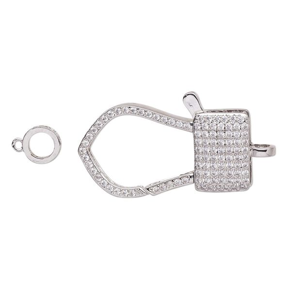 Clasp, lobster claw, cubic zirconia and silver-plated brass, clear, 33x18.5mm double-sided with 8mm ring. Sold individually. image number 0