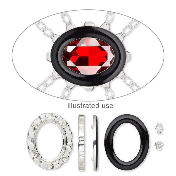 Mount, Miracle Mount™, enamel and silver-finished "pewter" (zinc-based alloy), black, 39x32mm oval with 30x22mm oval setting. Sold per 18-piece set. image number 0