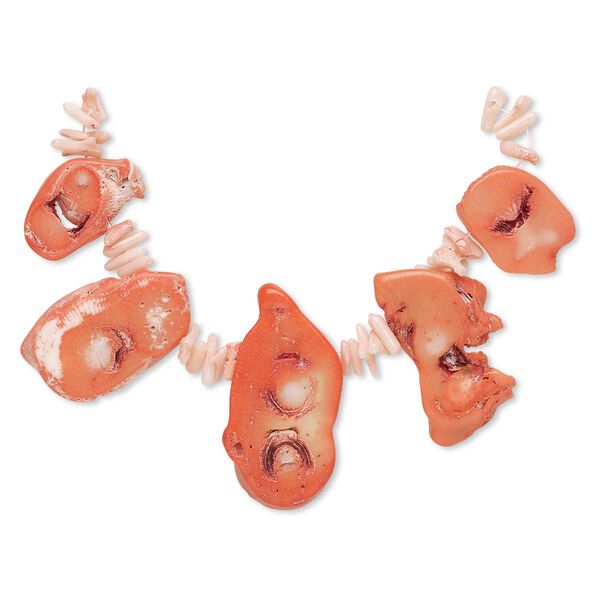 Bead, bamboo coral (dyed), salmon and pink, 4x2mm-14x15mm stick and 22x13mm-43x30mm graduated top-drilled flat freeform, C grade, Mohs hardness 3-1/2 to 4. Sold per 4-inch strand. image number 0