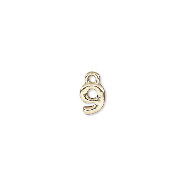 Charm, gold-finished "pewter" (zinc-based alloy), 7.5x6mm number 9. Sold per pkg of 2. image number 0