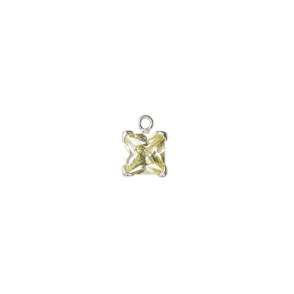 Drop, cubic zirconia and sterling silver, peridot green, 7mm faceted square. Sold individually. image number 0