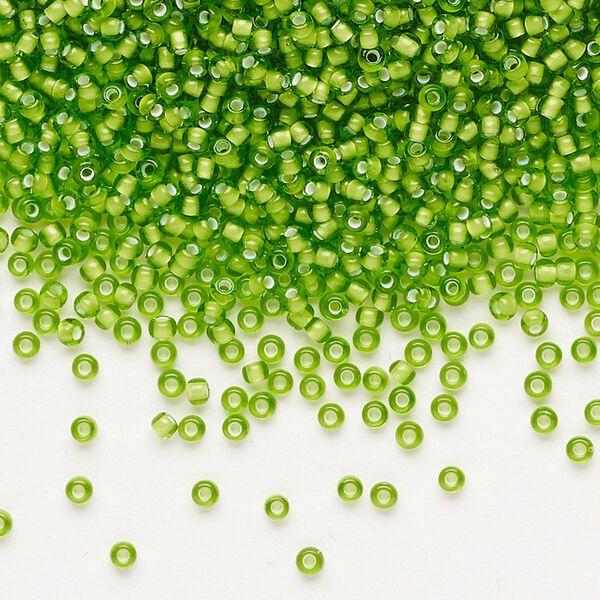 Seed bead, Preciosa Ornela, glass, transparent chalkwhite-lined lime green, #11 rocaille. Sold per 50-gram pkg. image number 0
