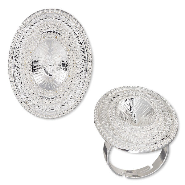 Ring, Almost Instant Jewelry®, silver-plated "pewter" (zinc-based alloy), 31mm wide with beaded design and 14x10mm oval setting, adjustable from size 6 to 7-1/2. Sold individually. image number 0