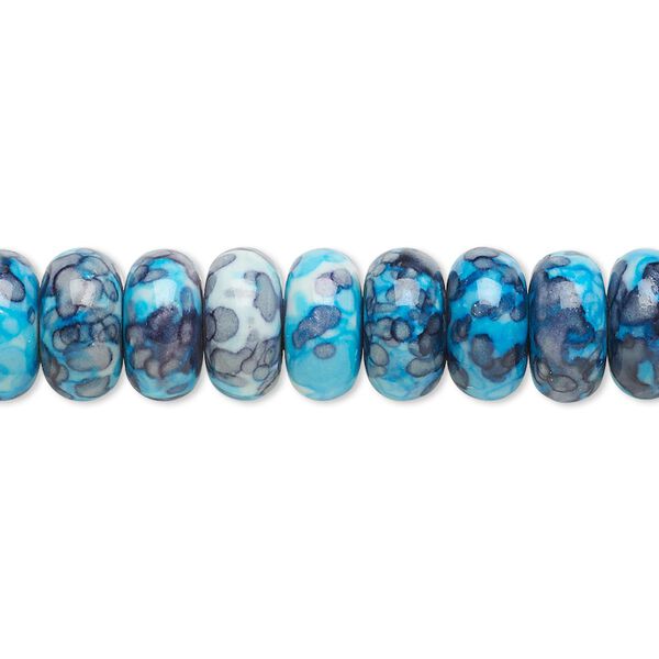 Bead, resin and painted ceramic, blue / white / grey, 10x5mm rondelle. Sold per 15-1/2" to 16" strand. image number 0