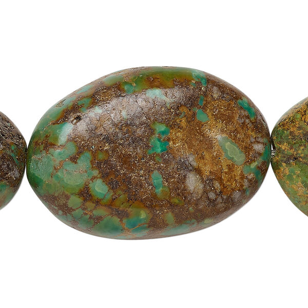 Bead, turquoise (dyed / stabilized), green-brown, 34x25mm-45x33mm puffed oval, C- grade, Mohs hardness 5 to 6. Sold per 8-inch strand. image number 0