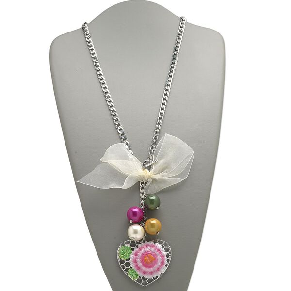 Necklace, silver-finished steel / aluminum / acrylic / satin, multicolored, 5x1-1 / 2 inch bow, 20mm round and 65x57mm heart with flower design, 24 inches with toggle clasp. Sold individually. image number 0