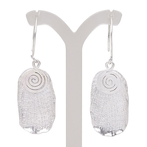 Earring, Hill Tribes, silver-plated copper, 2-1/2 inches with textured rounded rectangle and swirl design with French hook ear wire. Sold per pair. image number 0