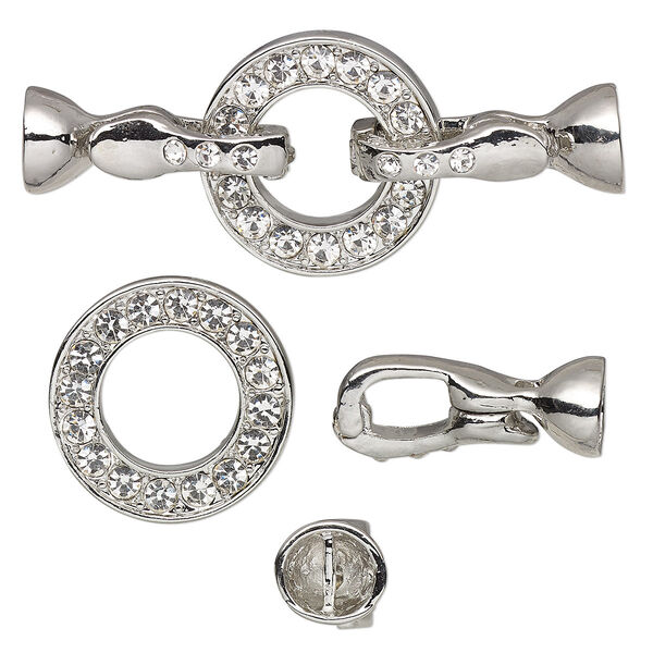 Clasp, magnetic and double latch fold-over, glass rhinestone and silver-plated "pewter" (zinc-based alloy), clear, 54x22mm flat ring with (2) 6.2mm glue-in end caps. Sold individually. image number 0