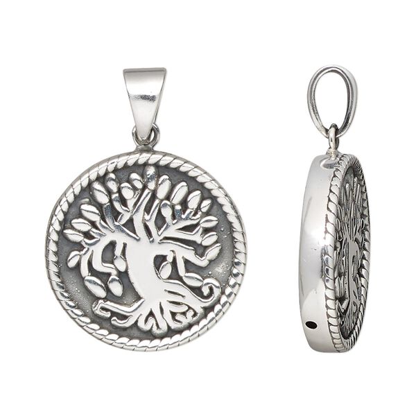 Pendant, antiqued fine silver and sterling silver, electroformed, 21mm single-sided round with tree of life design. Sold individually. image number 0
