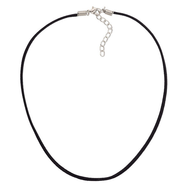 Necklace cord, velveteen / silver-plated steel / "pewter" (zinc-based alloy), black, 2.5-3mm wide, 16 inches with 3-inch extender chain and lobster claw clasp. Sold per pkg of 10. image number 0