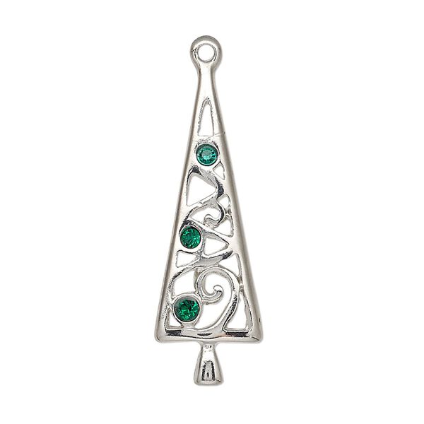 Charm, enamel / crystals / silver-plated "pewter" (zinc-based alloy), green, 34x11mm single-sided Christmas tree. Sold individually. image number 0
