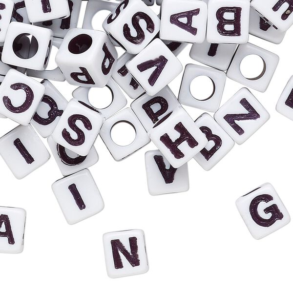 Bead mix, acrylic, opaque white and black, 6.5x6mm vertically drilled cube with alphabet letters and 3.5mm hole. Sold per pkg of 100. image number 0