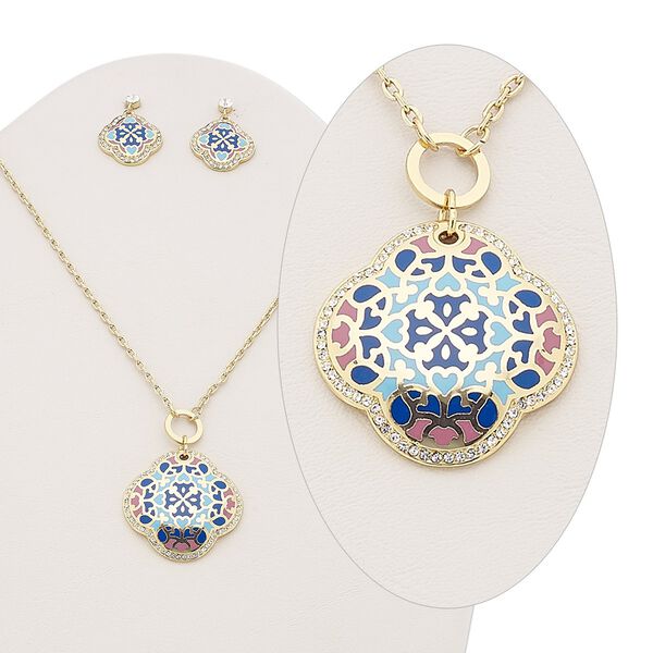 Necklace and earring set, enamel / Czech glass rhinestone / gold-plated brass, multicolored, 38x38mm clover, 15" to 16" necklace with 2-inch extender chain and lobster claw clasp, 30mm earrings with post. Sold per set. image number 0