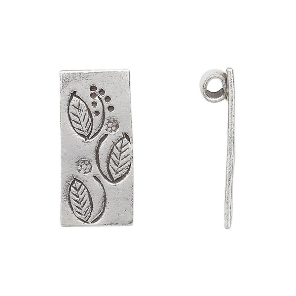 Drop, Hill Tribes, antiqued sterling silver, 23x11mm rectangle with leaf design. Sold individually. image number 0
