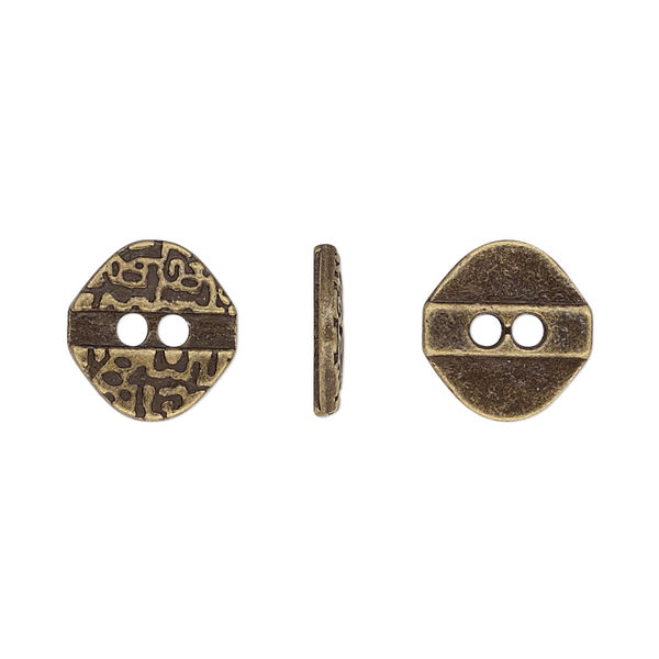Button, antiqued brass-finished "pewter" (zinc-based alloy), 12x11.5mm single-sided textured flat diamond. Sold per pkg of 50. image number 0