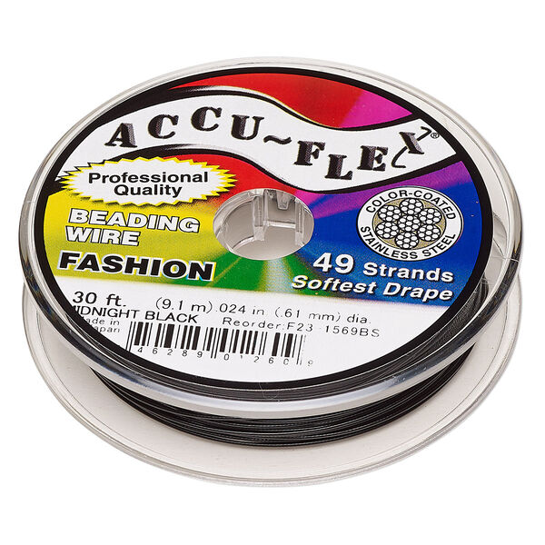 Beading wire, Accu-Flex®, nylon and stainless steel, midnight black, 49 strand, 0.024-inch diameter. Sold per 30-foot spool. image number 0