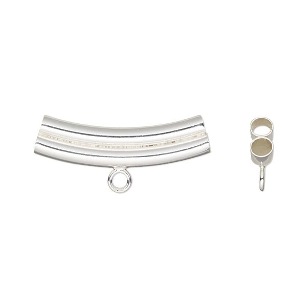 Bead, sterling silver, 25.5x8mm 2-strand curved double tube with loop. Sold individually. image number 0