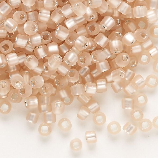 Seed bead, Dyna-Mites™, glass, silver-lined translucent matte light pink, #6 round with square hole. Sold per 1/2 kilogram pkg. image number 0