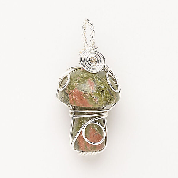 Focal, copper and unakite (natural), pkg/1, 34x15mm-34x16mm wire-wrapped mushroom, silver finish. image number 0