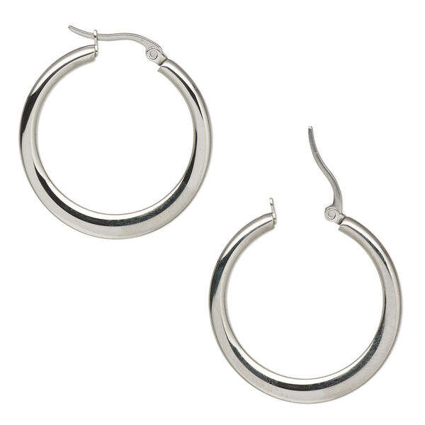Earring, stainless steel, 28mm smooth flat round hoop with latch-back closure. Sold per pair. image number 0