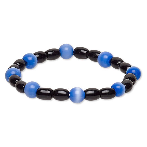 Bracelet, stretch, glass and cat's eye glass, opaque cobalt and black, 7-8mm round and 7x5mm-8x6mm barrel, 6 inches. Sold individually. image number 0