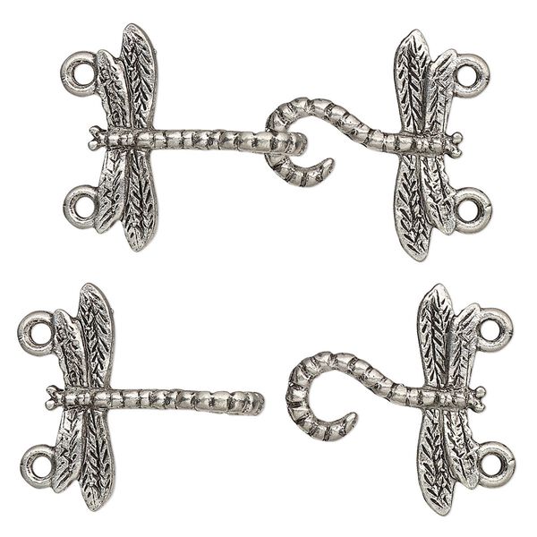 Clasp, 2-strand hook-and-eye, antiqued pewter (tin-based alloy), 33x18mm dragonfly. Sold per pkg of 2. image number 0