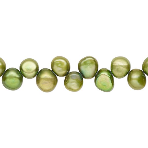 Pearl, cultured freshwater (dyed), dark yellow-green, 5-6mm top-drilled flat-sided potato with 0.4-0.5mm hole, D grade, Mohs hardness 2-1/2 to 4. Sold per 14-inch strand. image number 0