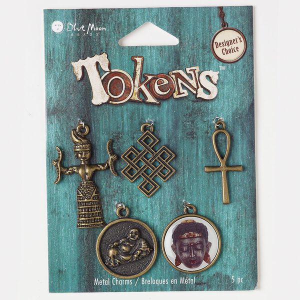 Focal and drop, resin and antique brass-finished "pewter" (zinc-based alloy), clear and multicolored, assorted size and shape. Sold per pkg of 5. image number 0