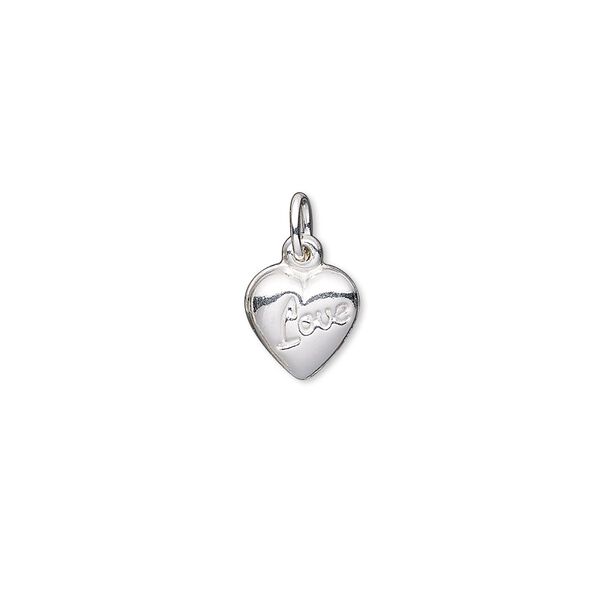 Charm, sterling silver-filled, 8x8mm double-sided puffed heart with "Love" and closed jump ring. Sold per pkg of 2. image number 0