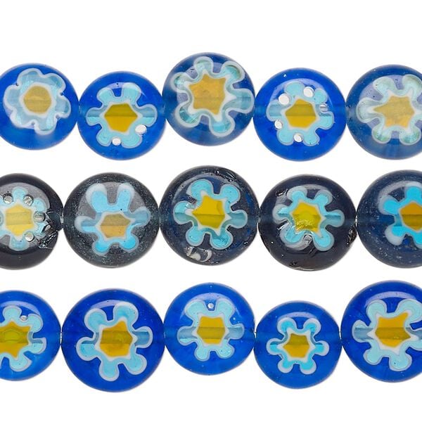Bead mix, millefiori glass, multicolored, 9-10mm puffed flat round with flower design. Sold per pkg of (3) 14-inch strands. image number 0