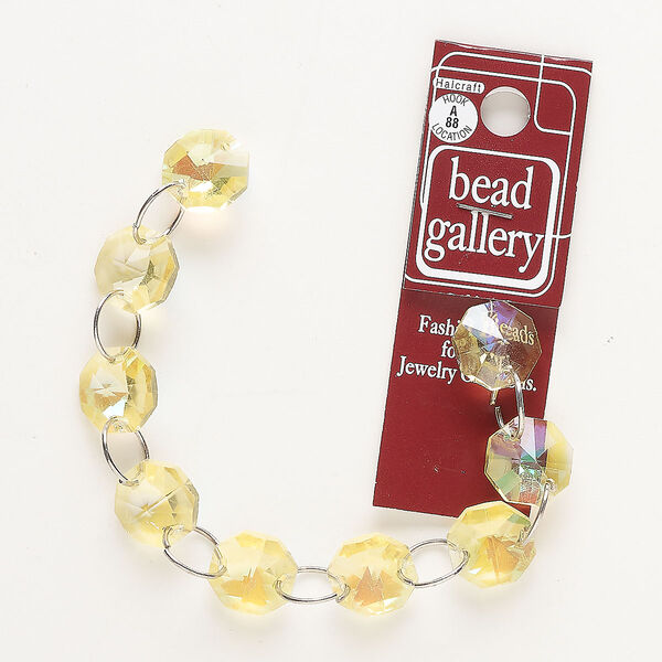 Link, steel and glass, translucent yellow AB, 14mm faceted hexagon with jump ring. Sold per pkg of 9. image number 0