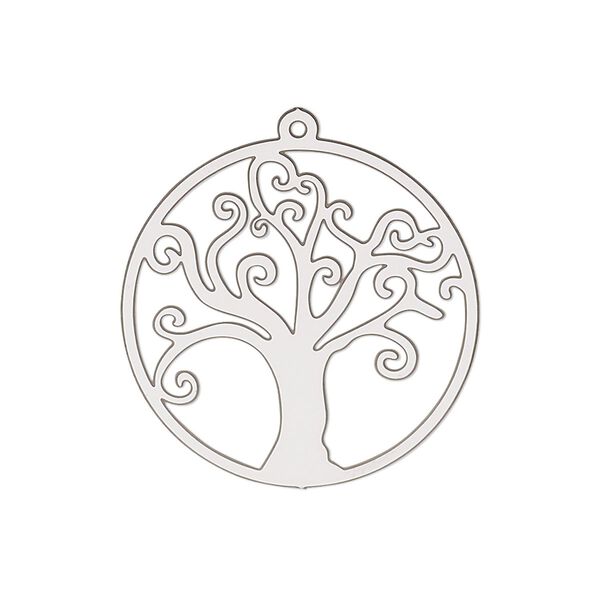 Drop, Lazer Lace™, stainless steel, 26mm double-sided open round with tree of life. Sold per pkg of 4. image number 0