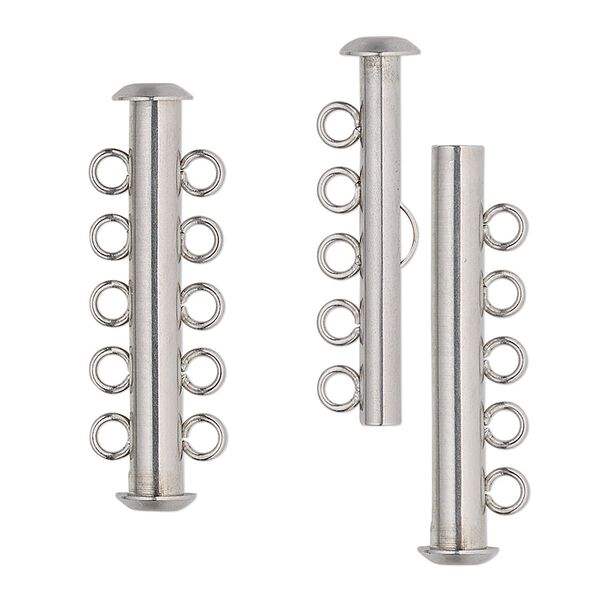 Clasp, 5-strand slide lock, stainless steel, 31x6mm tube. Sold per pkg of 4. image number 0
