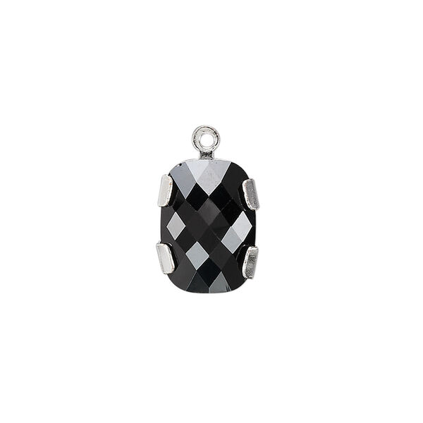 Drop 1pk jet silver plate, Crystal Passions® 14x10mm rectangle 11504 image number 0