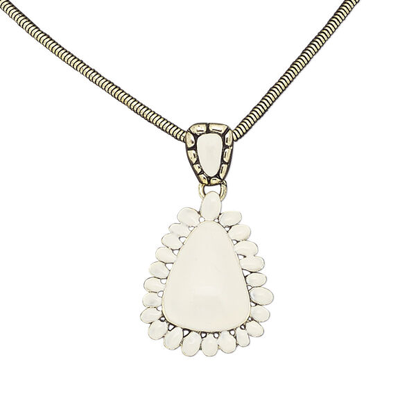 Necklace, enamel / antique gold-finished brass / steel / "pewter" (zinc-based alloy), white, 37x27mm teardrop, 16 inches with 2-inch extender chain and lobster claw clasp. Sold individually. image number 0