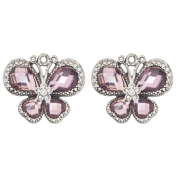 Charm, antique silver-finished "pewter" (zinc-based alloy) and glass, purple and clear, 27x20mm single-sided butterfly. Sold per pkg of 2. image number 0