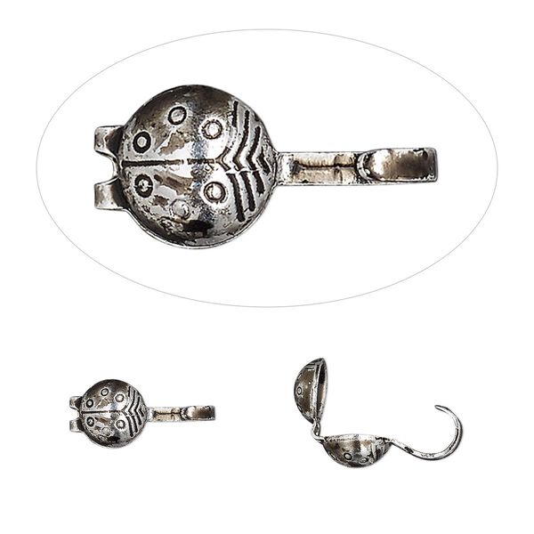 Bead tip, Hot Tips®, antique silver-plated brass, 7x5mm bottom clamp-on ladybug with open loop. Sold per pkg of 100. image number 0